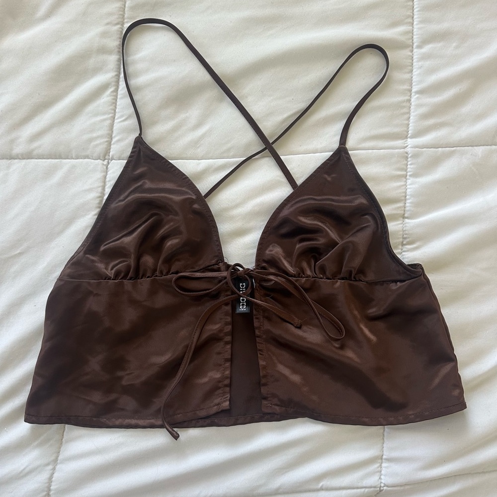 Brown Satin Crop Top with Strappy Back